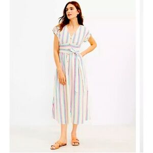 LOFT Rainbow Stripe Button-Front Midi Dress with Tie Waist | Size 2